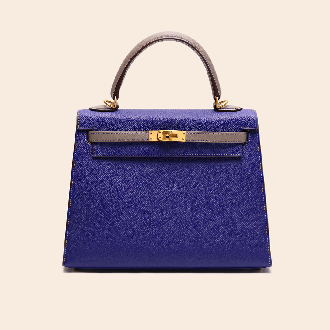 Like New Kelly 25 Blue Electric / Gris Mouette Epsom Sellier GHW C