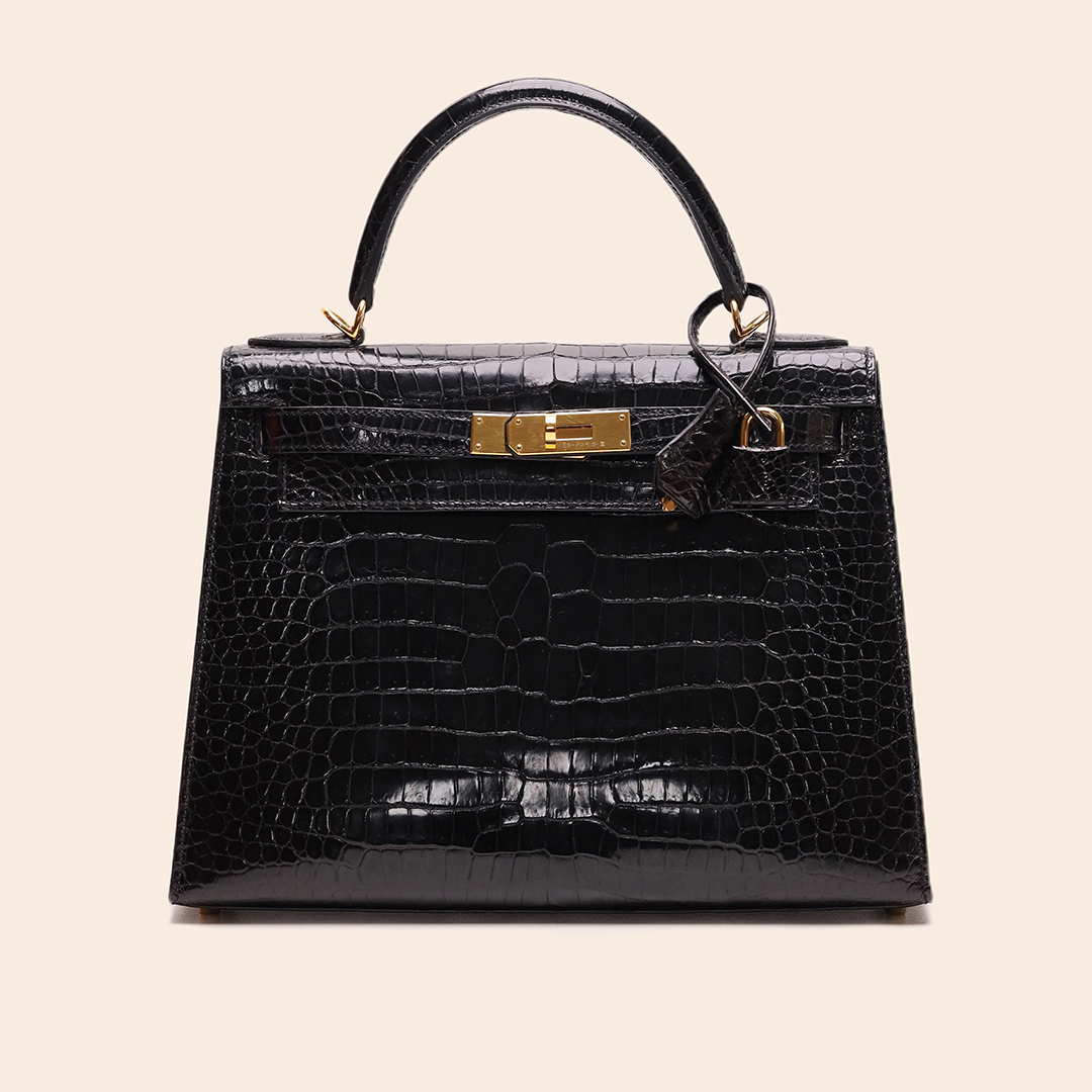 Kelly 28 Black Croco Porosus GHW A